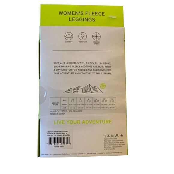 Eddie Bauer Women’s Fleece Base Layer Leggings Black Gray Snowflake Print - Picture 2 of 3